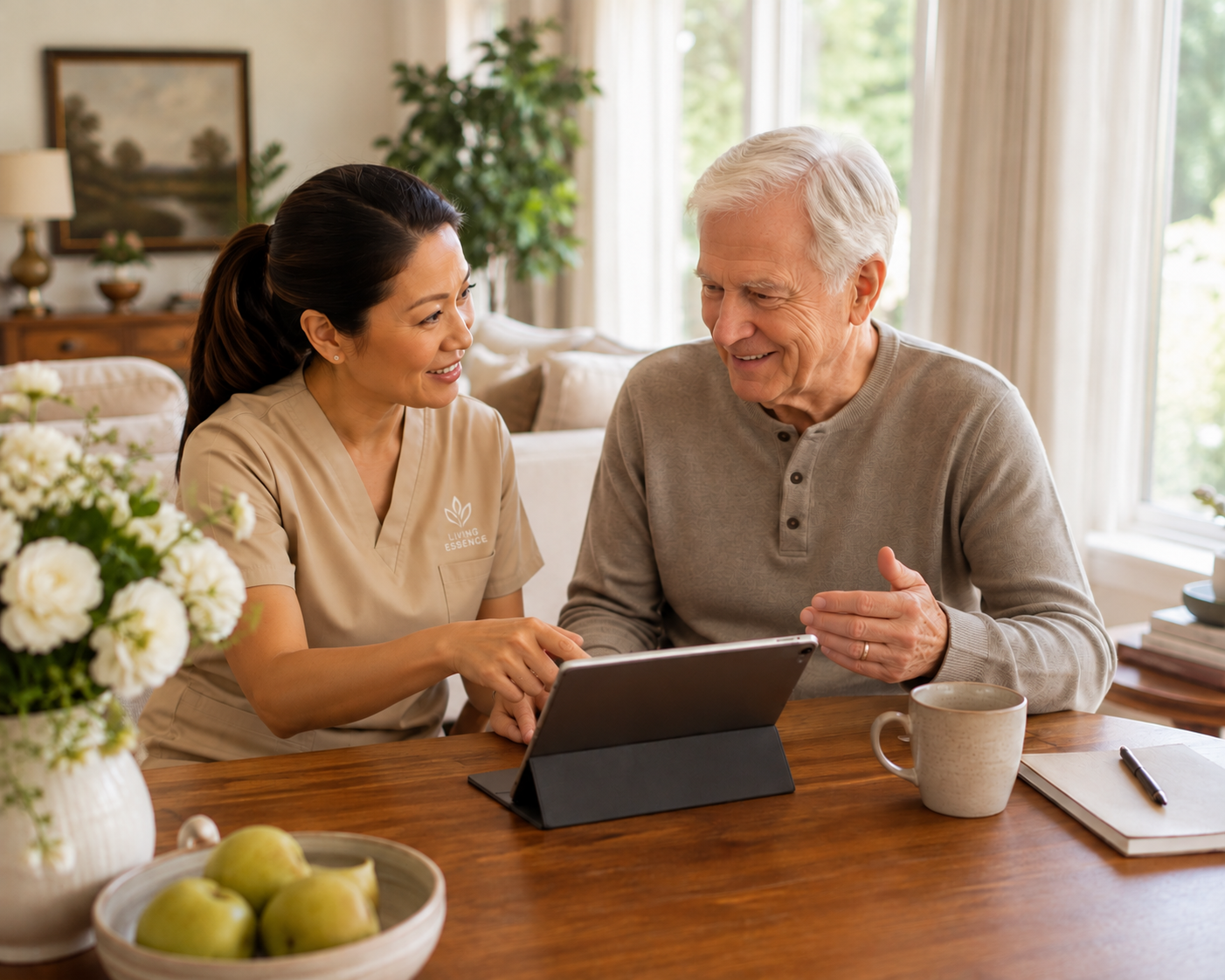 Living Essence caregiver and a smiling older man looking at a tablet together at the dining table