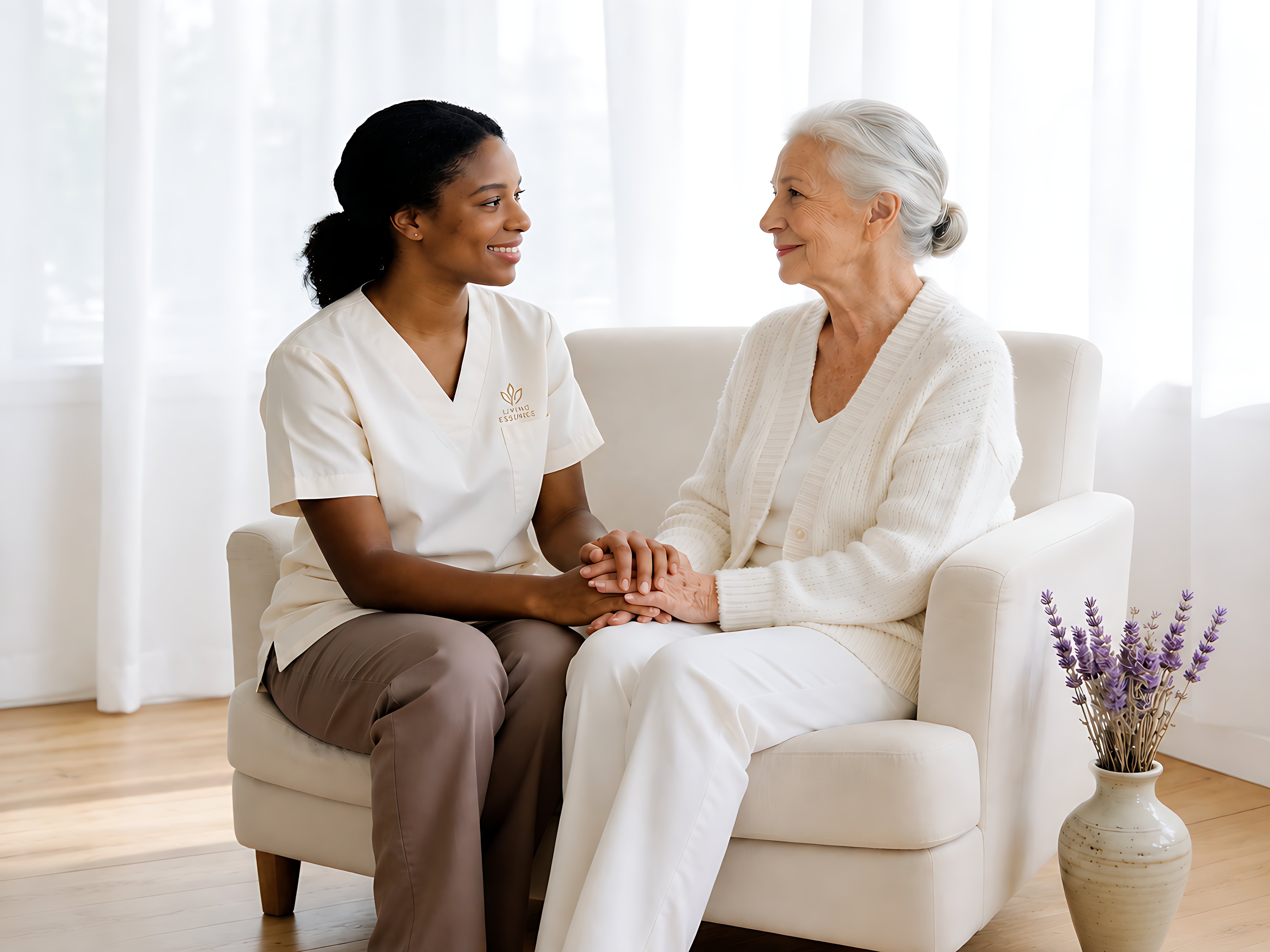 Living Essence caregiver supporting an older woman at home